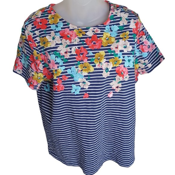 Joules Womens Floral Top Size‎ 12 Harbour Print Blue White Stripe Button Accents - Picture 1 of 6
